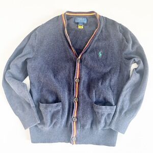 Polo Ralph Lauren Kids Navy Blue Striped‎ Trim Preppy Cardigan Sweater Size 7